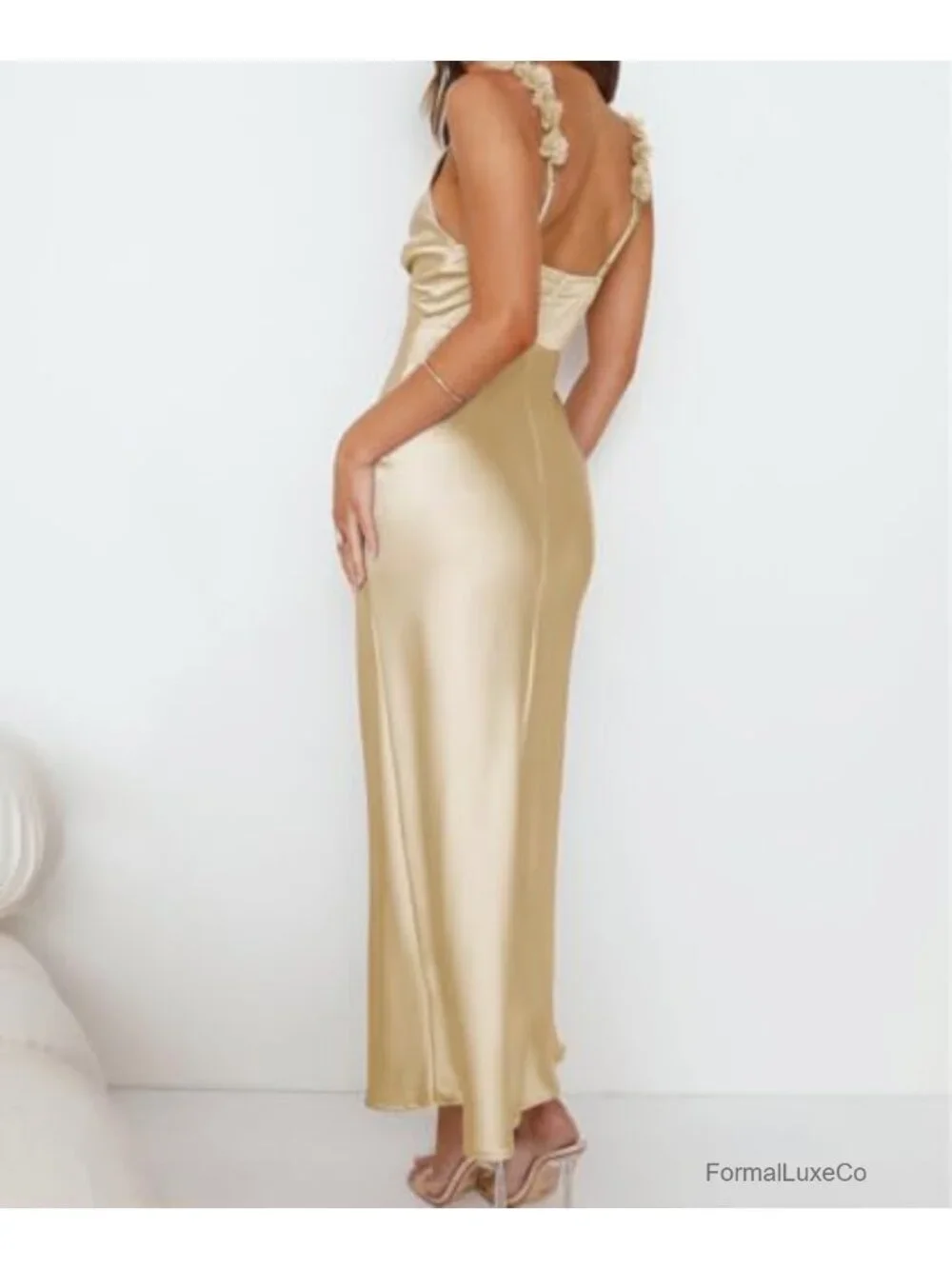 Satin V Neck Formal Midi Dress Sleeveless Spaghetti Strap Wedding Guest